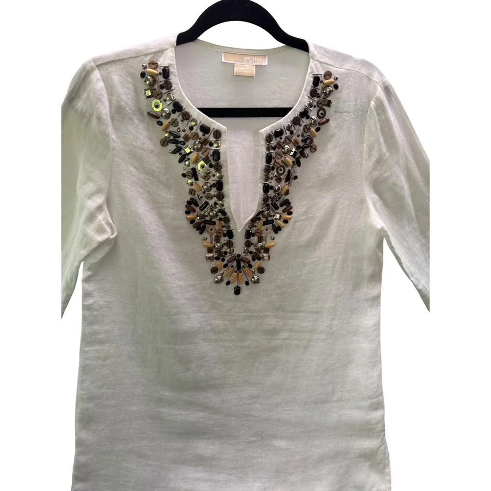 Michael Kors Linen Tunic Women Small White Beaded Split Neck 3/4 Sleeve Boho
